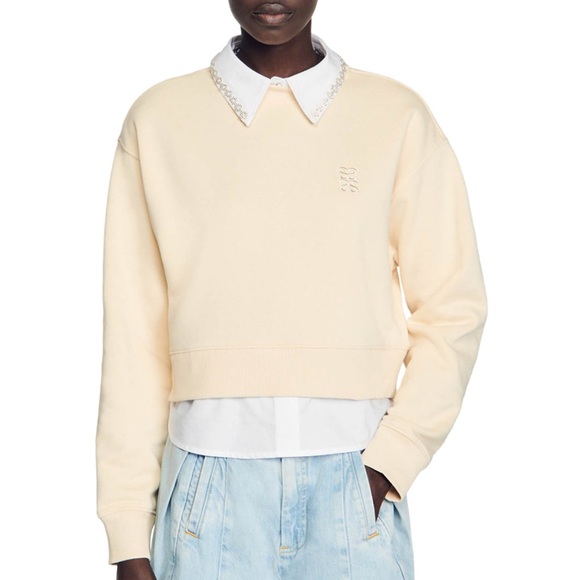 Sandro Lorane Layered Look Sweatshirt with Detachable Embellished Collar - Picture 1 of 16